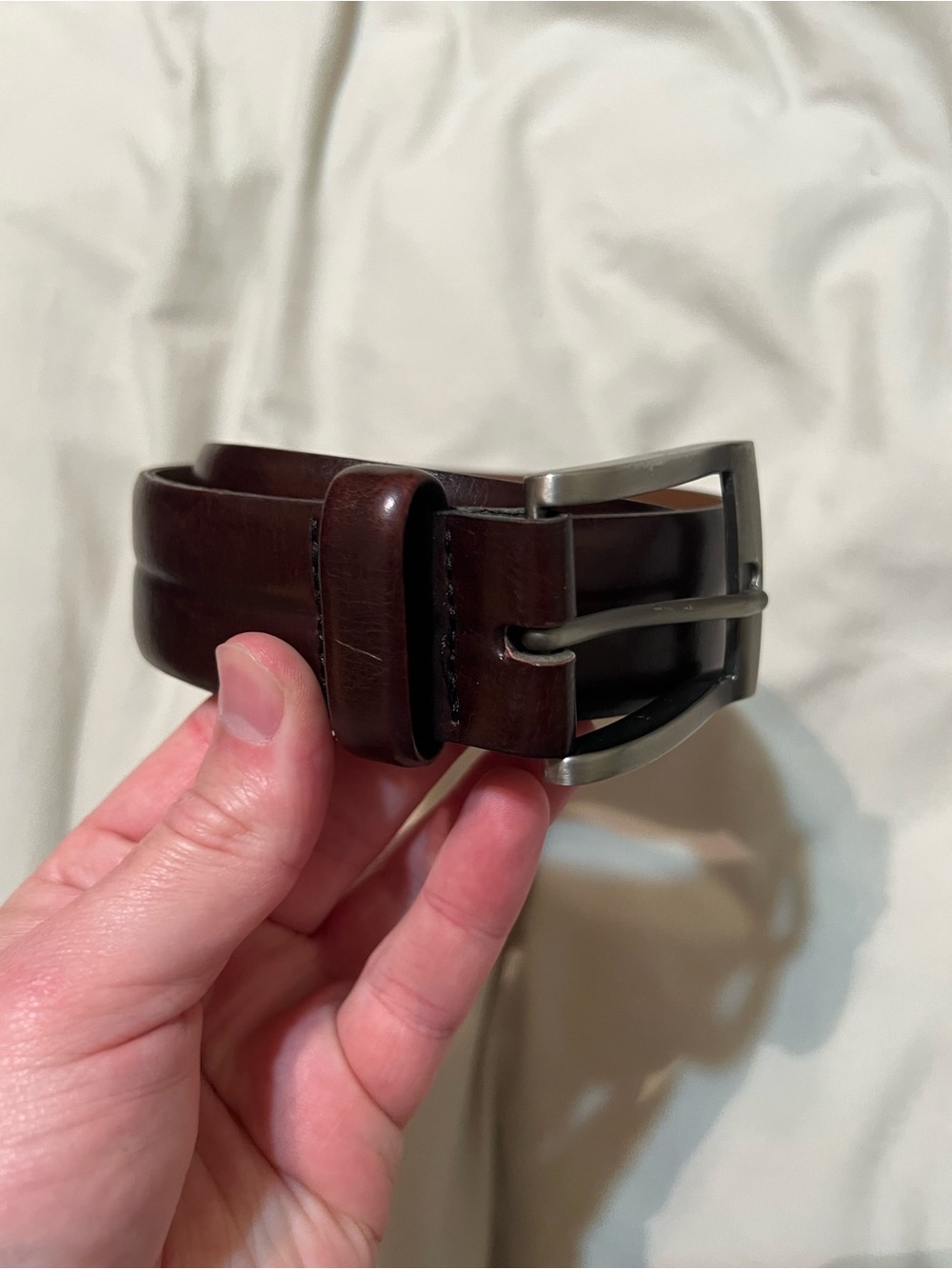 Bosca Deep Brown Leather Belt with Brushed Silver Buckle